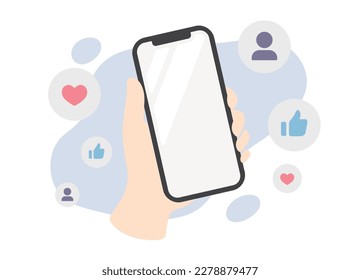 Hand with smartphone Like mark Follower mark Vector illustration