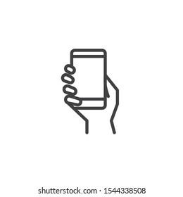 Hand with smartphone line icon. linear style sign for mobile concept and web design. Using mobile gadget outline vector icon. Symbol, logo illustration. Vector graphics