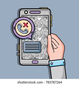 hand with smartphone with lost call and chat bubble