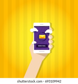 Hand with smartphone with mail envelope. Message concept
