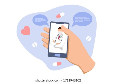 Hand with smartphone, man physician on screen. Online medical consultation. Web banner. smartphone Mobile healthcare application concept. Doctor call online service vector illustration concept. 