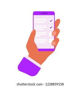 Hand with smartphone manages to do list, organise tasks. Mobile app development checklist. Vector flat illustration of digital planning.