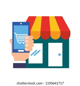 hand with smartphone market online shopping