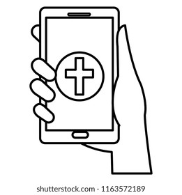 hand with smartphone and medical app