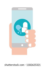 hand with smartphone medicament capsule pharmacy