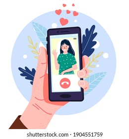 Hand with smartphone in modern flat style. Hand drawing. Vector illustration. Video call. Social networks, communication. For your design.