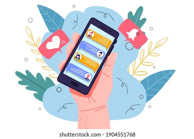Hand with smartphone in modern flat style. Hand drawing. Vector illustration. Video call. Social networks, communication. For your design.