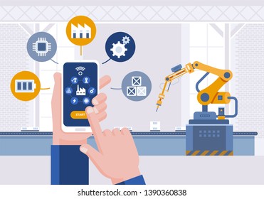 Hand with smartphone. Monitoring app on a smartphone and smart automated production line. Remote control smart factory. Smart industry 4.0 Vector illustration