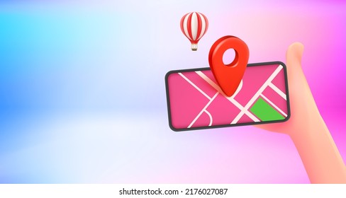 Hand with smartphone and navigation app. 3d vector banner with copy space