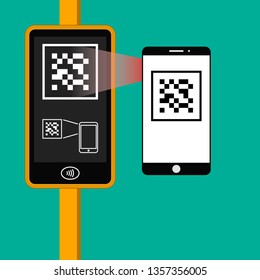 Hand with smartphone near terminal. Airport, metro, bus, subway ticket validator. Wireless contactless cashless payments, rfid nfc. Flat vector illustration