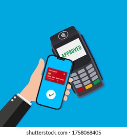 Hand with smartphone near terminal. Wireless, contactless or cashless payments. Vector illustration in flat style. EPS 10