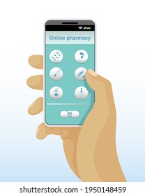Hand with a smartphone on which an application for ordering online medicines. 