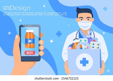 Hand with smartphone for online order of medicines.Bag with pills,bottles,antibiotics.Online pharmacy with home delivery service-drugs, prescription medicines order.Vector for web,banners,flyers.