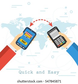 Hand with smartphone and online shop on screen, second with atm terminal. Vector flat concept mobile banking, contactless payment on map background. Safe transferring money and banking transaction