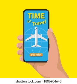 Hand with smartphone over yellow background, airline tickets booking mobile application, vector image
