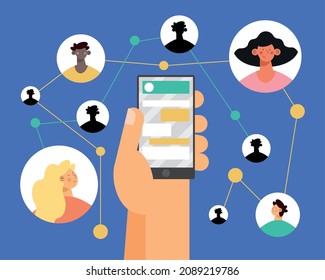 hand with smartphone and people characters