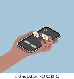 Hand with smartphone. Phone with stock exchange application. Hand in isometric. Businessman. Stock market  trading graph, exchange. Speech bubbles with coins.