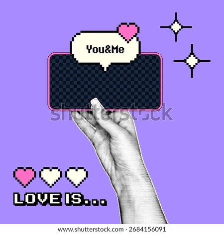 In the hand, a smartphone with a pink frame and a checkered case, featuring a halftone effect, stands out against the bright background thanks to the pixelated elements, conveying a retro romanticism.
