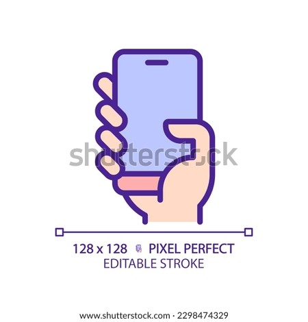 Hand with smartphone pixel perfect RGB color icon. Person holding cell phone. Mobile device for communication. Isolated vector illustration. Simple filled line drawing. Editable stroke