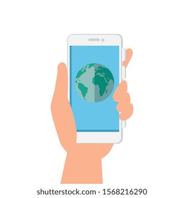 hand and smartphone with planet earth vector illustration design