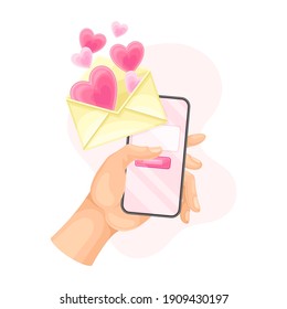 Hand with Smartphone Pressing Button for Sending Love Email Vector Illustration