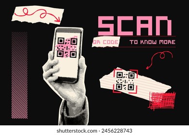 Hand with smartphone with QR code on screen. Scribble, torn paper, arrow. Contemporary halftone dot style. Modern cut out collage banner. Trendy vintage mixed media design. Retro Y2K zine element. 