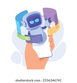 Hand with Smartphone and Robot as Smart Android Assistant Machine Vector Illustration