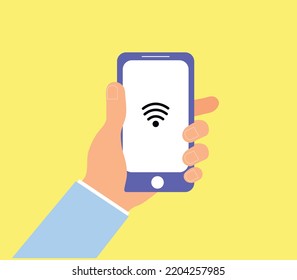 Mano con pantalla de smartphone. Conexión Wi-Fi. Zona de conexión a Internet. Ilustración vectorial.