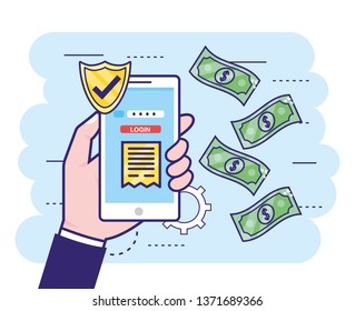 hand with smartphone and security bank password