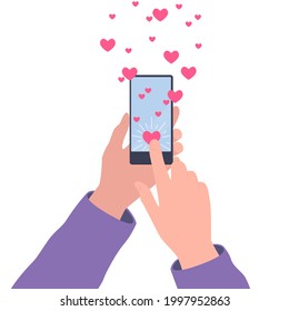 A hand with a smartphone send hearts. Vector illustration