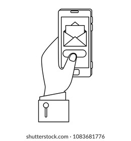 hand with smartphone sending email