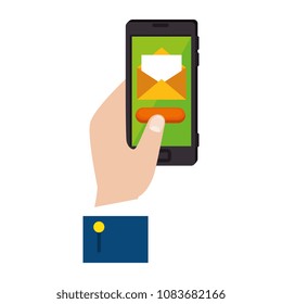 hand with smartphone sending email