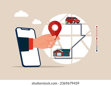 Hand with smartphone set pick up location in Mobile delivery app, online order and delivery process. 