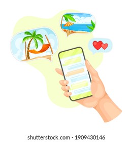 Hand with Smartphone Sharing Photo and Text Messaging in Chat Software Vector Illustración