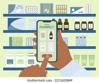 Hand with smartphone with shopping app.  Buying medicines. Online pharmacy. Vector illustration