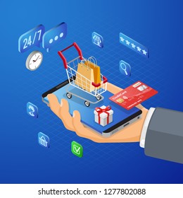 Hand with Smartphone, Shopping Cart, Credit Card. Internet Shopping and Online Electronic Payments Concept. Isometric icons. vector illustration