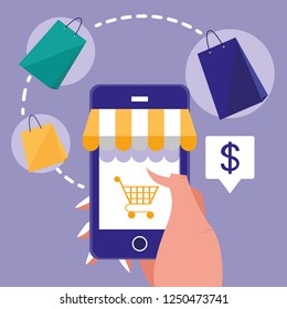 hand and smartphone with shopping online