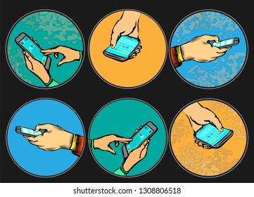 Hand with a smartphone. Sketch pictures. Vector set