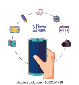 hand with smartphone and social media set icons