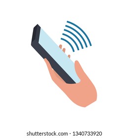 hand with smartphone and sound wave