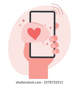 Hand with smartphone and speech bubble with heart. Vector illustration of love message on smartphone, online love. Declaration of love on the web