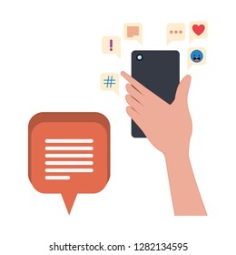 hand with smartphone and speech bubble icons