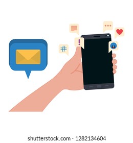 hand with smartphone and speech bubble icons