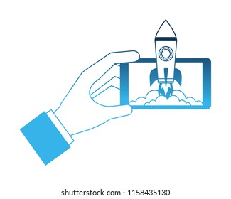 hand and smartphone with startup rocket