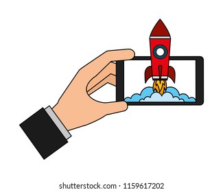 hand and smartphone with startup rocket