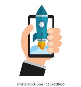 hand and smartphone with startup rocket