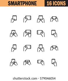 Hand with smartphone, tablet icon set. Collection of high quality outline symbols for web design, mobile app. Navigation vector thin line icons or logo.