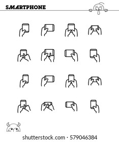 Hand with smartphone, tablet icon set. Collection of high quality outline symbols for web design, mobile app. Navigation vector thin line icons or logo.