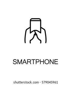 Hand with smartphone, tablet icon. Single high quality outline symbol for web design or mobile app. Thin line sign for design logo. Black outline pictogram on white background