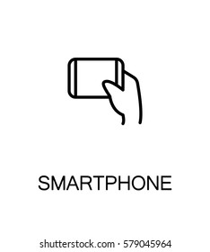 Hand with smartphone, tablet icon. Single high quality outline symbol for web design or mobile app. Thin line sign for design logo. Black outline pictogram on white background